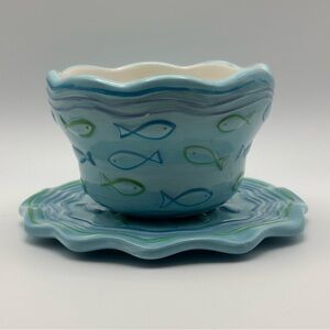 Blue and Green Fish Patterned Ceramic Bowl with Saucer
